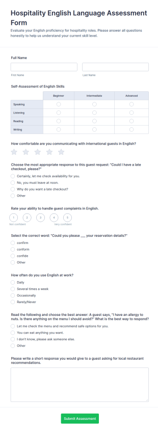 Hospitality English Language Assessment Form Template