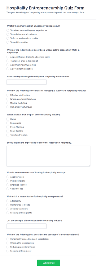 Hospitality Entrepreneurship Quiz Form Template