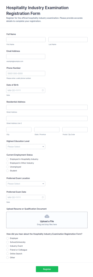 Hospitality Industry Examination Registration Form Template