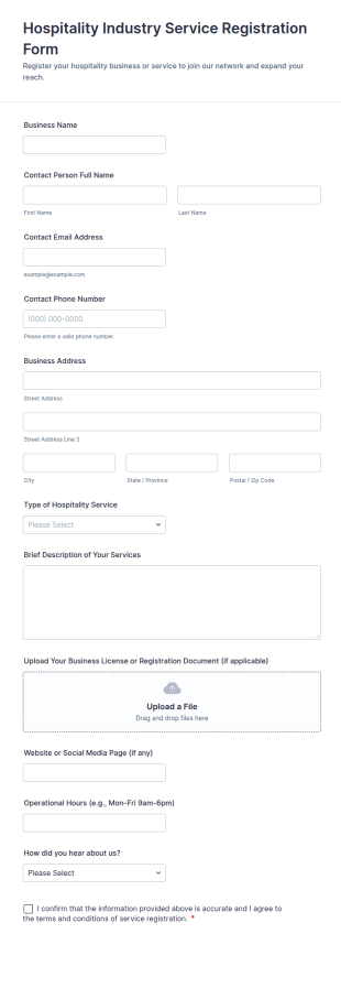 Hospitality Industry Service Registration Form Template