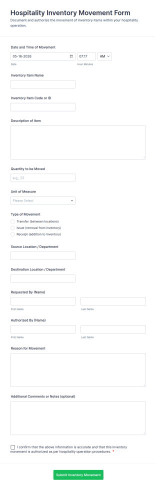 Hospitality Inventory Movement Form Template
