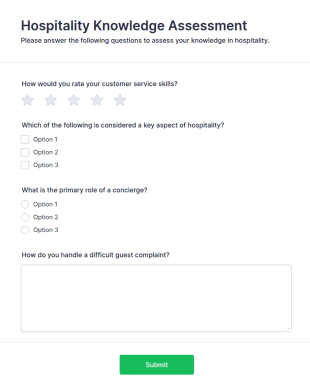 Hospitality Knowledge Assessment Form Template