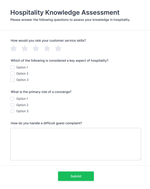 Hospitality Knowledge Assessment Form Template