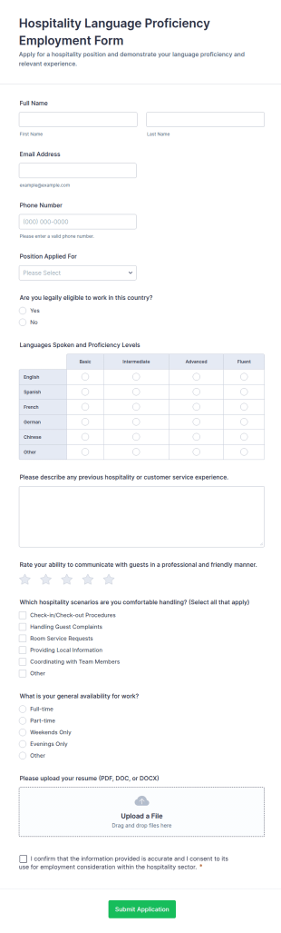 Hospitality Language Proficiency Employment Form Template