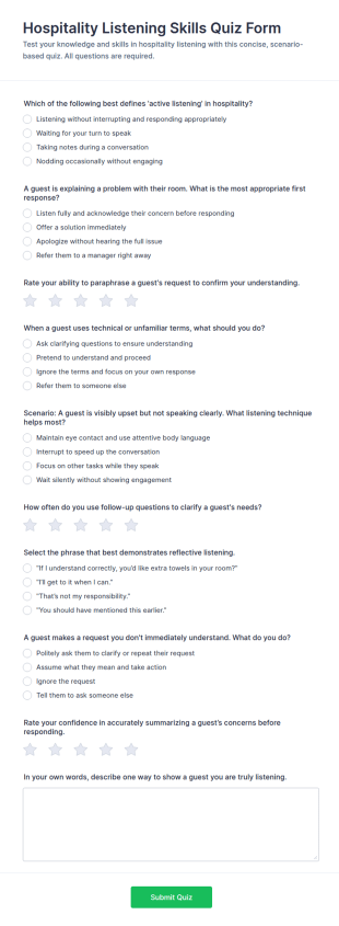 Hospitality Listening Skills Quiz Form Template