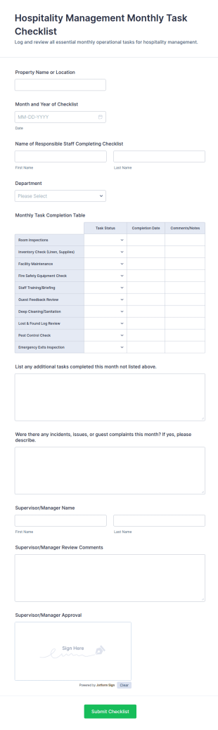 Hospitality Management Monthly Task Checklist Form Template