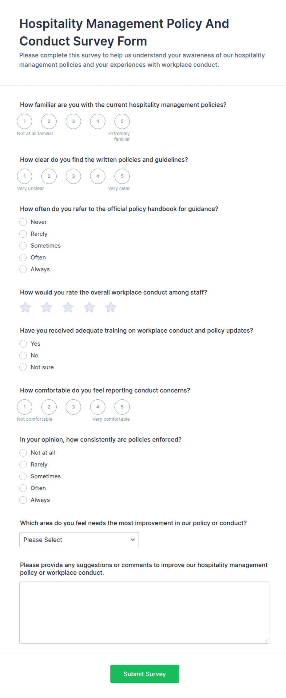Hospitality Management Policy and Conduct Survey Form Template | Jotform