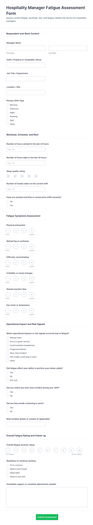 Hospitality Manager Fatigue Assessment Form Template
