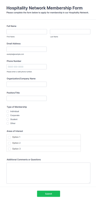 Hospitality Network Membership Form Template