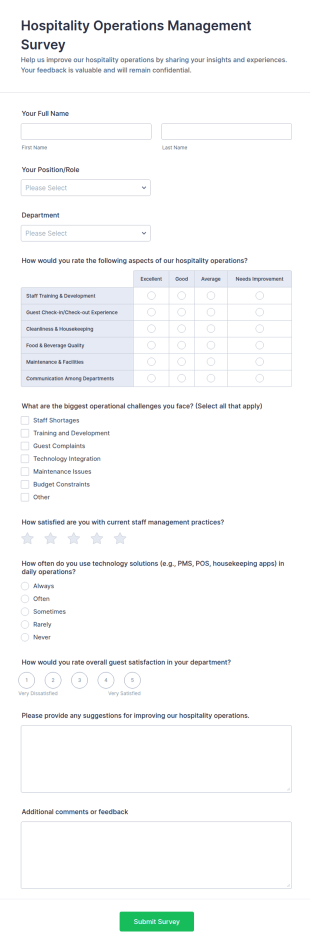 Hospitality Operations Management Survey Form Template