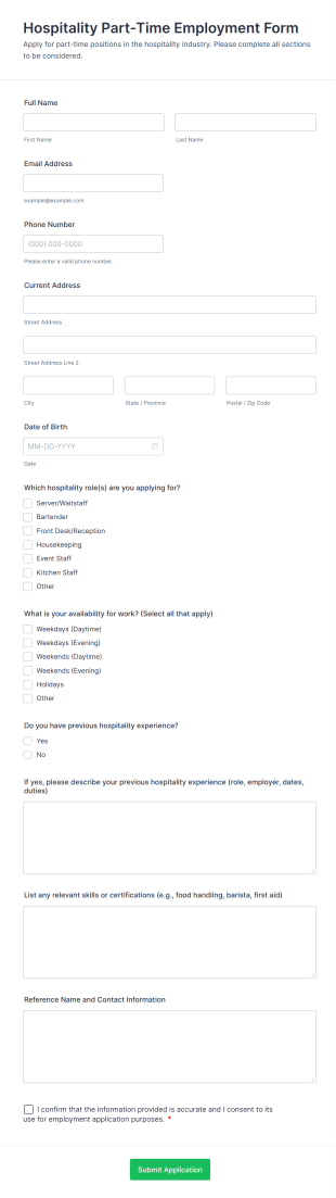 Hospitality Part Time Employment Form Form Template
