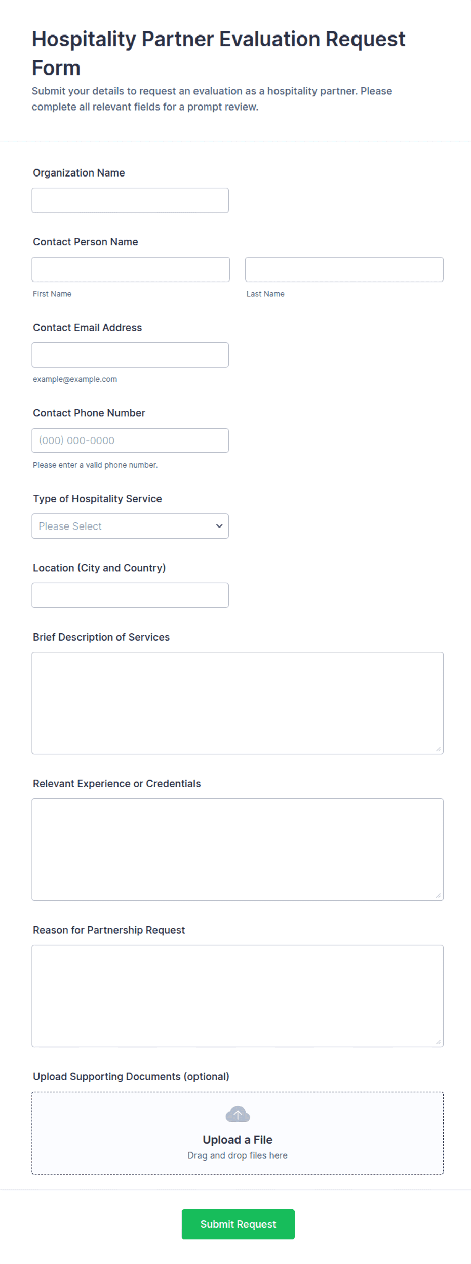 Hospitality Partner Evaluation Request Form Template | Jotform