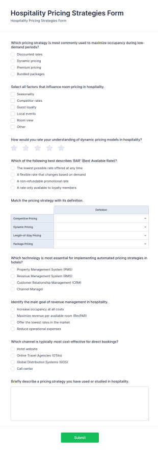 Hospitality Pricing Strategies Quiz Form Template