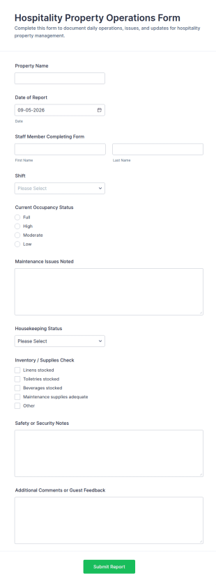 Hospitality Property Operations Form Template