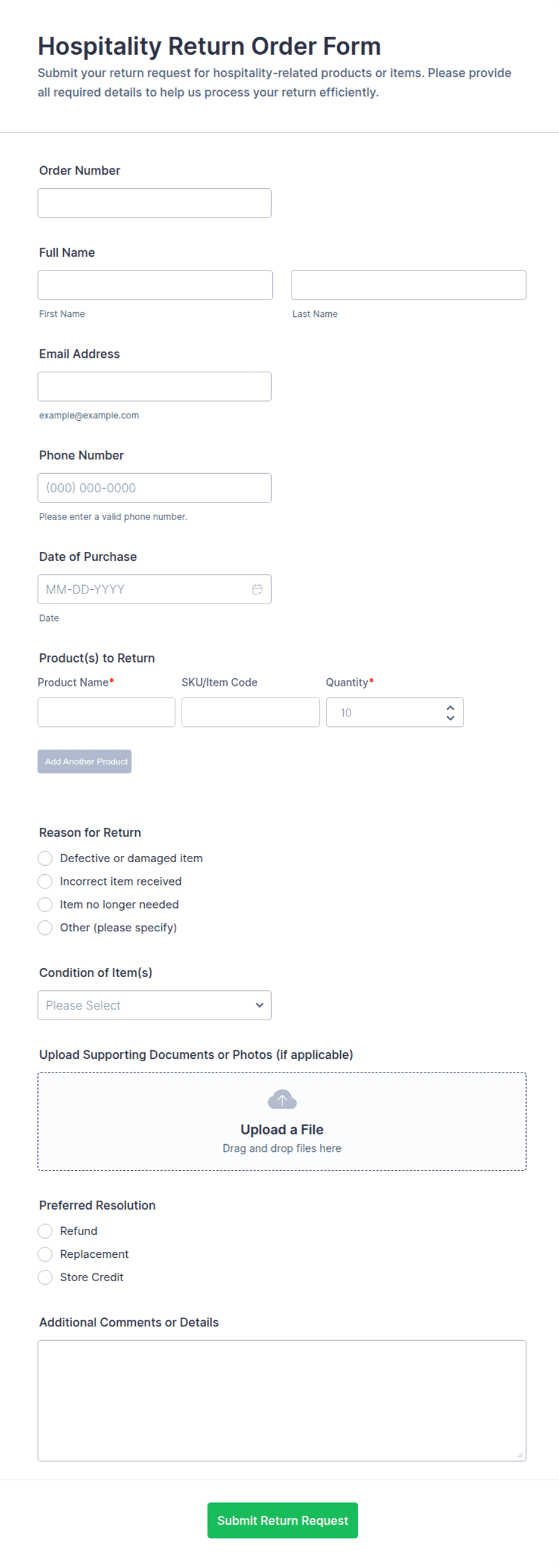 Hospitality Return Order Form Template | Jotform