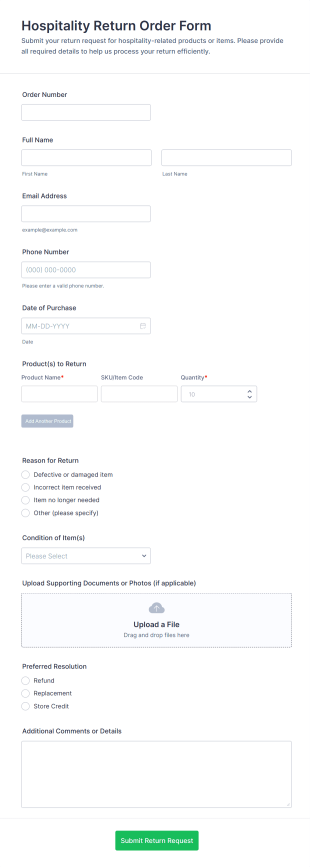 Hospitality Return Order Form Template