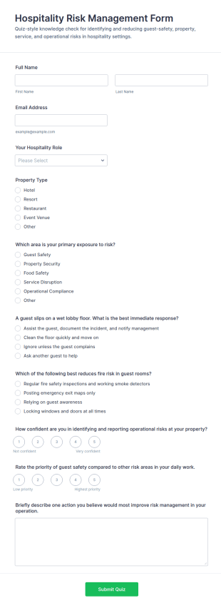 Hospitality Risk Management Quiz Form Template