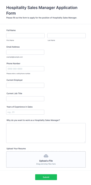 Hospitality Sales Manager Application Form Template