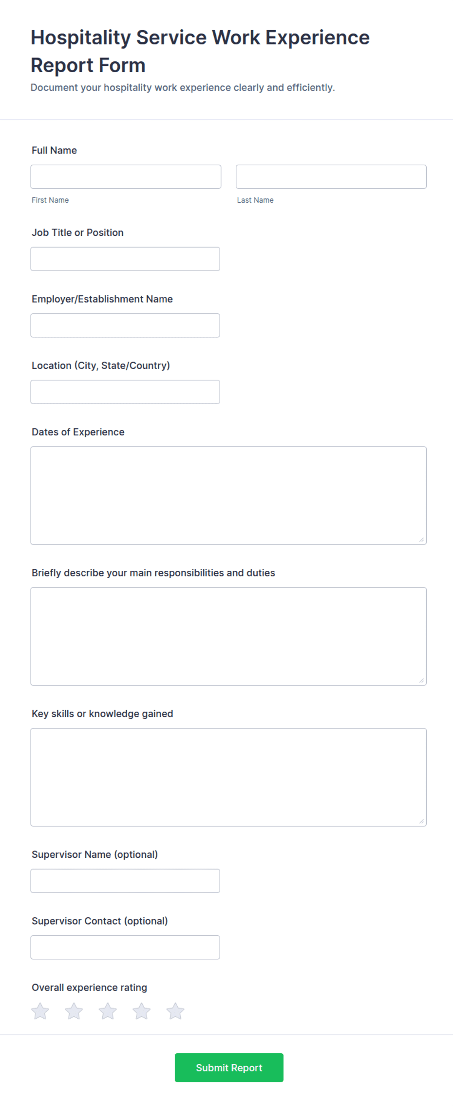 Hospitality Service Work Experience Report Form Template | Jotform