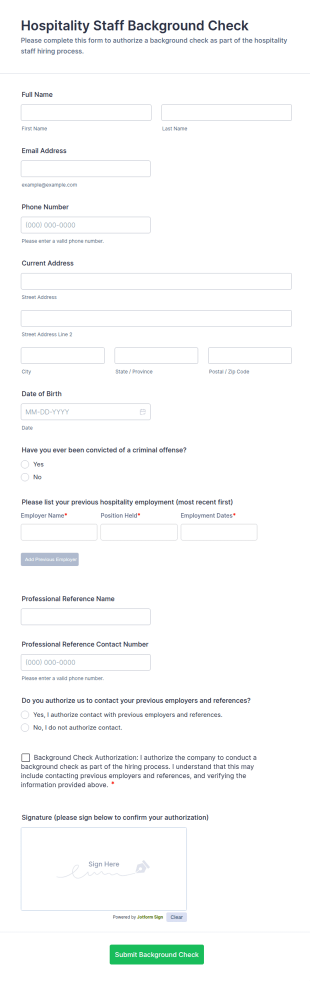 Hospitality Staff Background Check Form Template