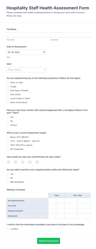 Hospitality Staff Health Assessment Form Template