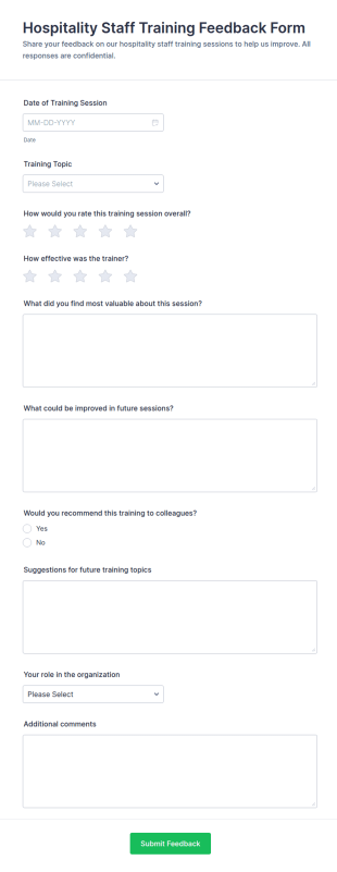 Hospitality Staff Training Feedback Form Template