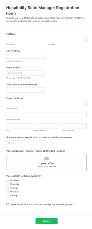Hospitality Suite Manager Registration Form Template