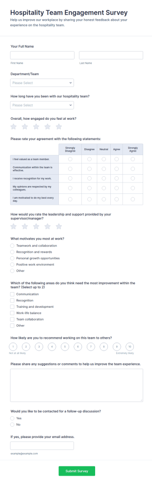 Hospitality Team Engagement Survey Form Template