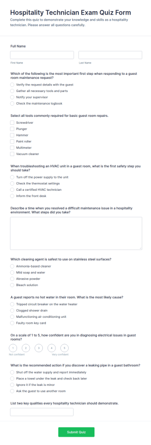 Hospitality Technician Exam Quiz Form Template