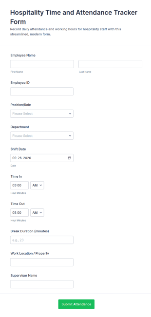 Hospitality Time And Attendance Tracker Form Template