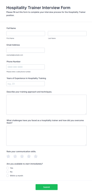 Hospitality Trainer Interview Form Template
