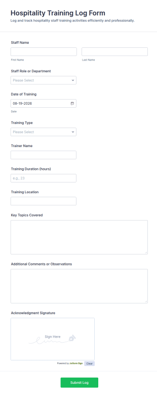 Hospitality Training Log Form Template