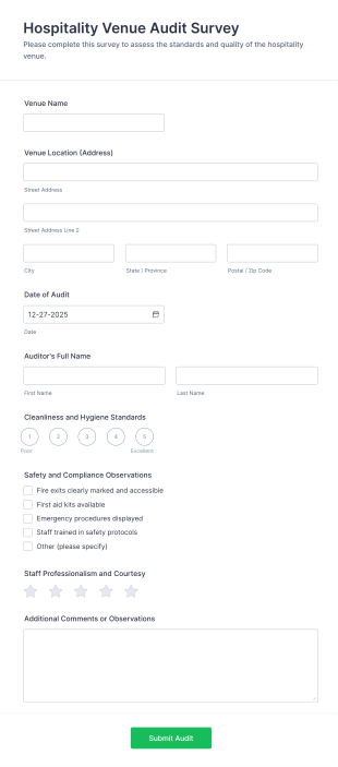 Hospitality Venue Audit Survey Form Template