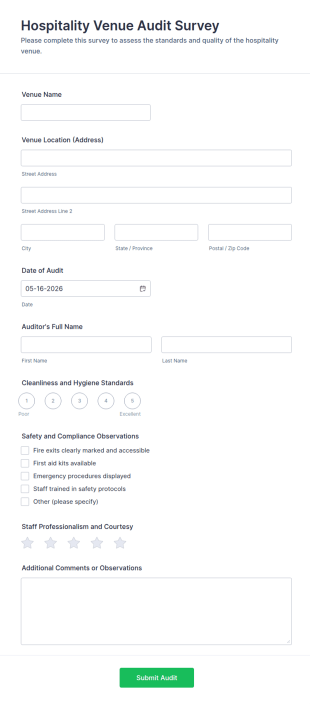 Hospitality Venue Audit Survey Form Template