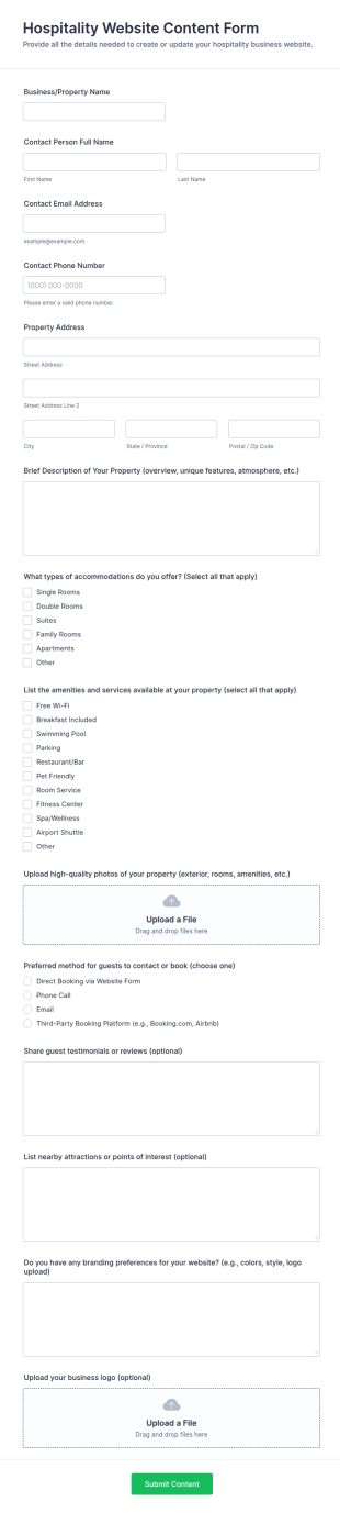 Hospitality Website Content Form Template