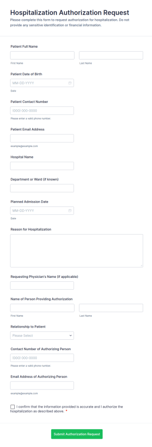 Hospitalization Authorization Request Form Template