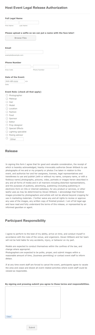 Host Event Legal Release Authorization Form Template