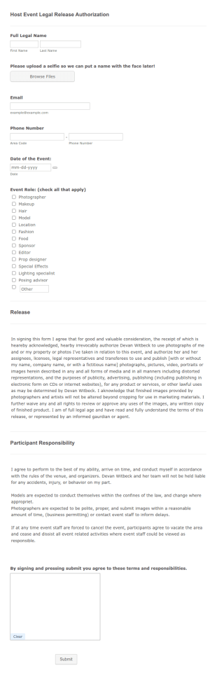 Host Event Legal Release Authorization Form Template