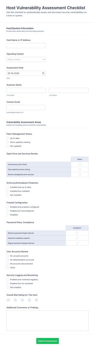 Host Vulnerability Assessment Checklist Form Template