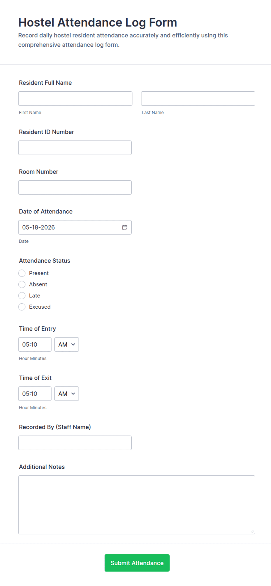 Hostel Attendance Log Form Template | Jotform