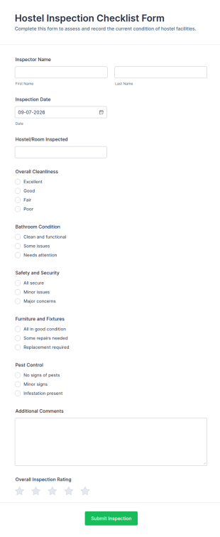 Hostel Inspection Checklist Form Template
