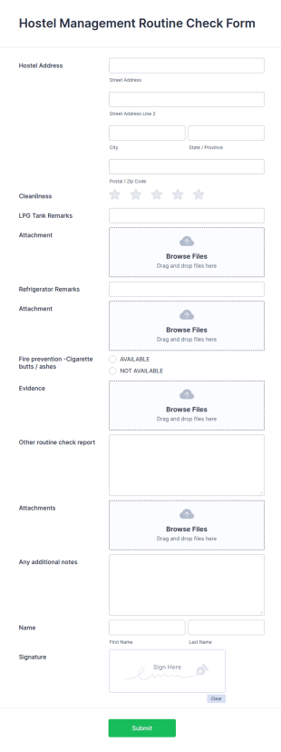 Hostel Management Routine Check Form Template