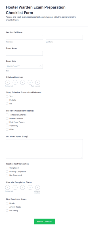Hostel Warden Exam Preparation Checklist Form Template