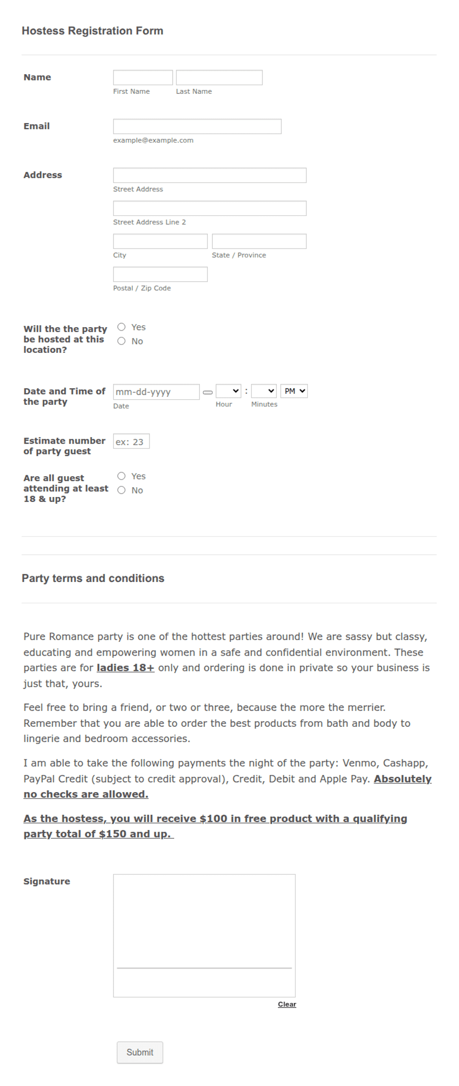 Hostess Introduction Sheets Hostess Registration Form Template | Jotform