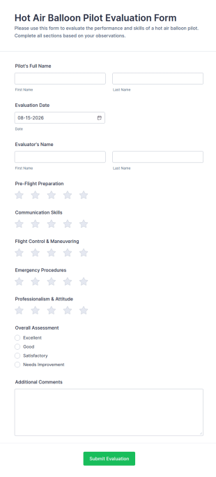 Hot Air Balloon Pilot Evaluation Form Template