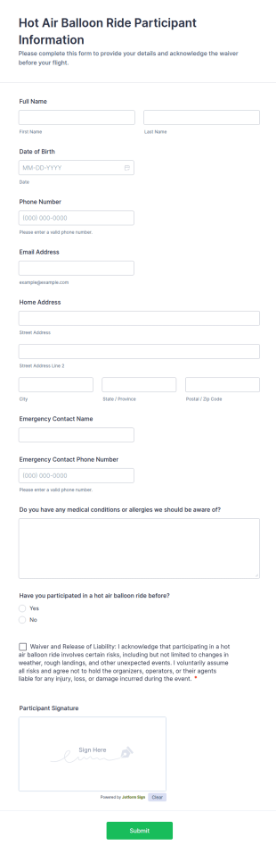 Hot Air Balloon Ride Participant Information Form Template