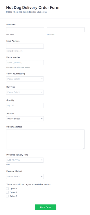 Hot Dog Delivery Order Form Template