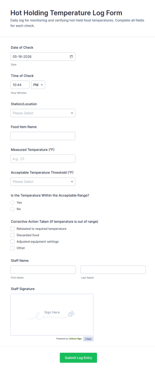 Hot Holding Temperature Log Form Template