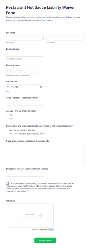 Hot Sauce Liability Waiver Form Template