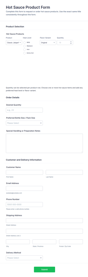 Hot Sauce Product Form Template